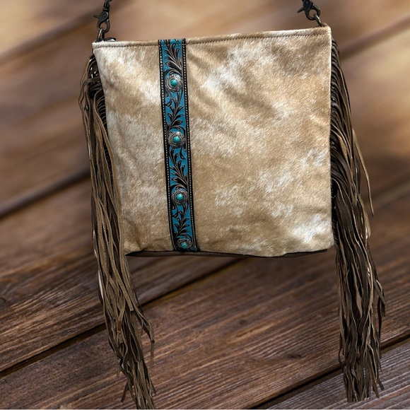 Myra Bag Handbags - NEW Myra Bag Cowhide Leather fringe tooled concho turquoise Boho Western